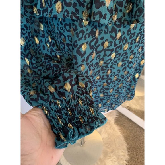 Cheetah Blouse Ruffle High Neck Turquoise Gold S NWT long sleeve animal Print - Picture 6 of 11